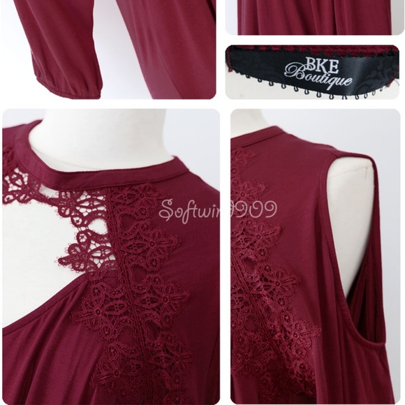 Burgundy Wine Lace Cutout Cold Shoulder Soft Top - Picture 6 of 8